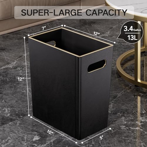 LADSTAG Black 3 Gallon Waste Basket 4 Gallon Trash Can, Office Wastebasket with Gold-Tone Edging Decoration for Bathroom,Pu Leather Waste Bins for Toilet Bedroom Living Room, Office Home Modern Decor - Image 5