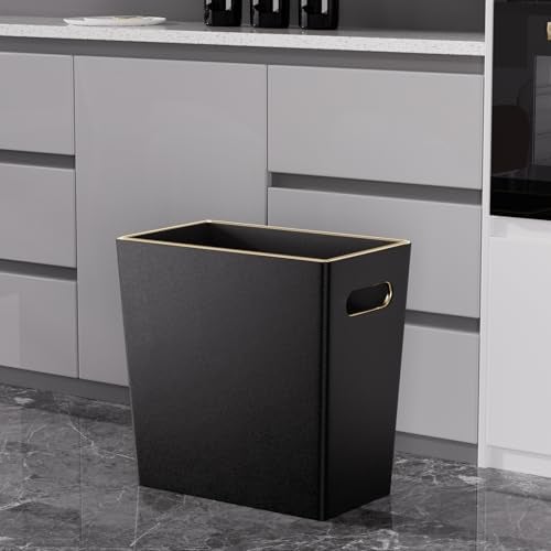 LADSTAG Black 3 Gallon Waste Basket 4 Gallon Trash Can, Office Wastebasket with Gold-Tone Edging Decoration for Bathroom,Pu Leather Waste Bins for Toilet Bedroom Living Room, Office Home Modern Decor - Image 4