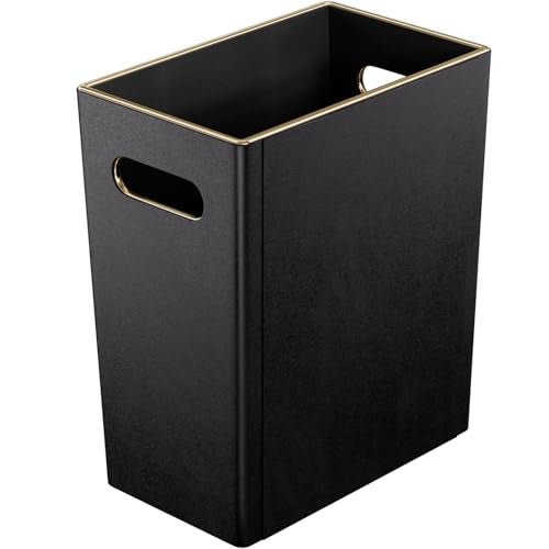 LADSTAG Black 3 Gallon Waste Basket 4 Gallon Trash Can, Office Wastebasket with Gold-Tone Edging Decoration for Bathroom,Pu Leather Waste Bins for Toilet Bedroom Living Room, Office Home Modern Decor - Image 1