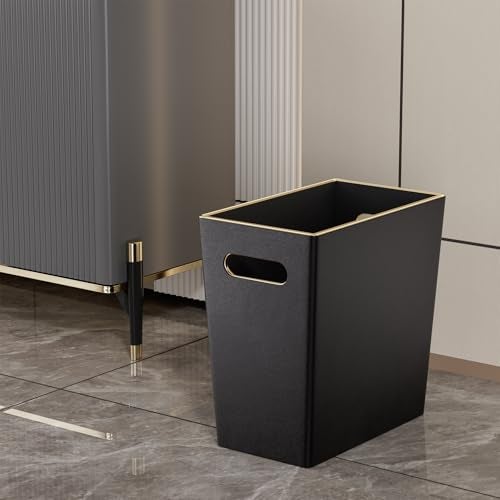 LADSTAG Black 3 Gallon Waste Basket 4 Gallon Trash Can, Office Wastebasket with Gold-Tone Edging Decoration for Bathroom,Pu Leather Waste Bins for Toilet Bedroom Living Room, Office Home Modern Decor - Image 3