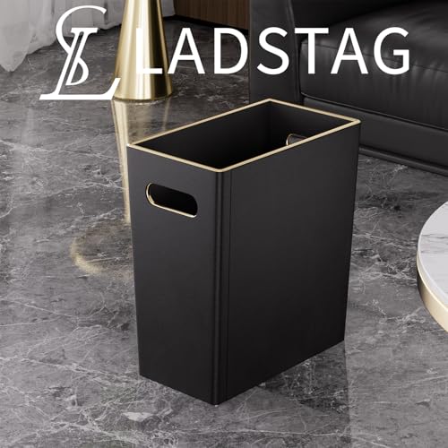 LADSTAG Black 3 Gallon Waste Basket 4 Gallon Trash Can, Office Wastebasket with Gold-Tone Edging Decoration for Bathroom,Pu Leather Waste Bins for Toilet Bedroom Living Room, Office Home Modern Decor - Image 2