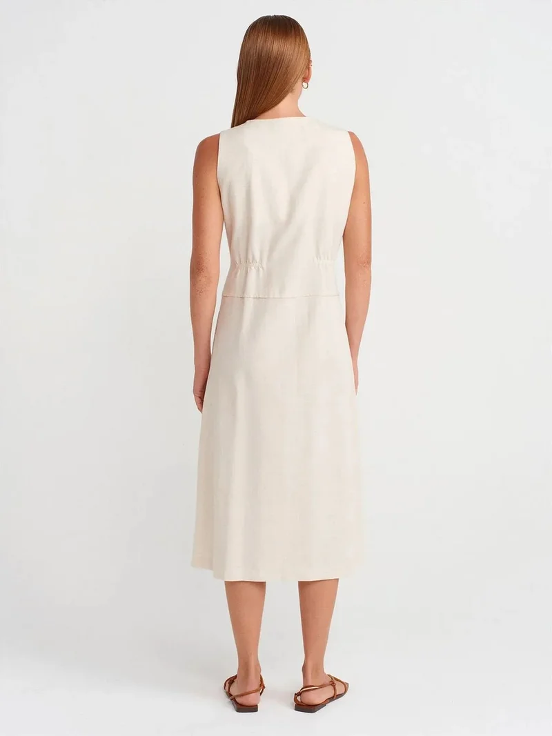 ديلفين DILVIN Sleeveless Midi Dress With V-Neck And Buttons