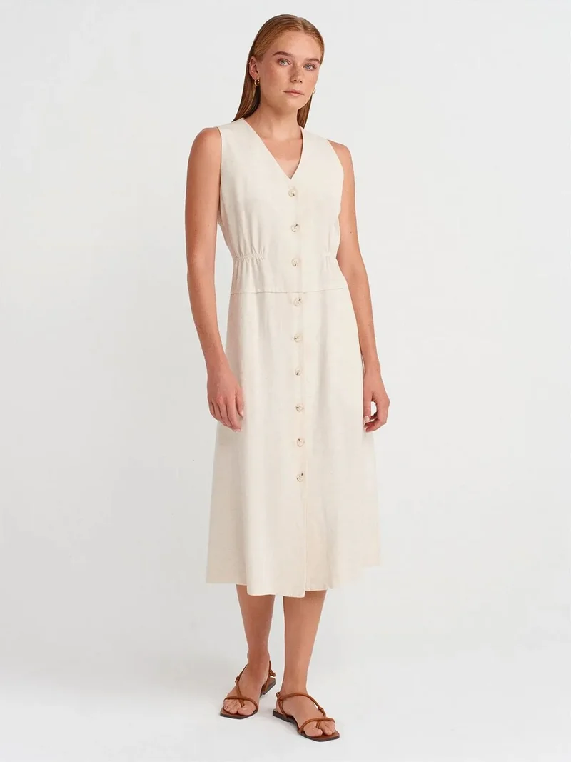 ديلفين DILVIN Sleeveless Midi Dress With V-Neck And Buttons