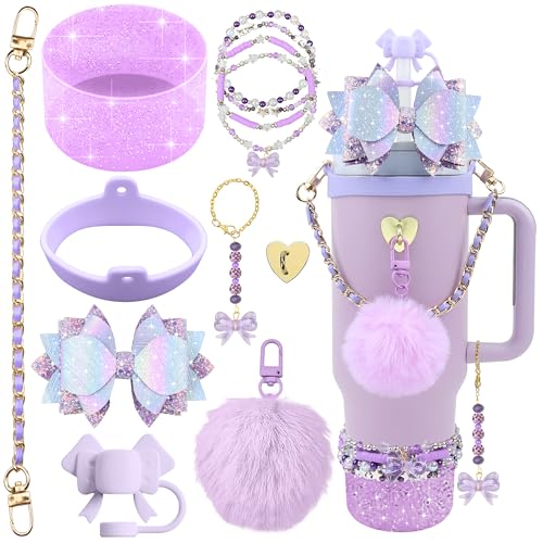 Hpebl 12PCS Accessories for Stanley Cup 40oz&30oz Tumbler Accessories including Silicone Cute Purple Bow Straw Topper Cover Silicone Stanley Boot Leather Water Handle Strap Bracelet Y2K Purple Charms - Image 1