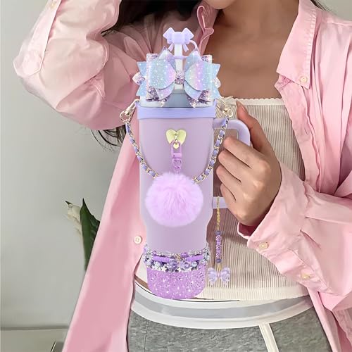 Hpebl 12PCS Accessories for Stanley Cup 40oz&30oz Tumbler Accessories including Silicone Cute Purple Bow Straw Topper Cover Silicone Stanley Boot Leather Water Handle Strap Bracelet Y2K Purple Charms - Image 4
