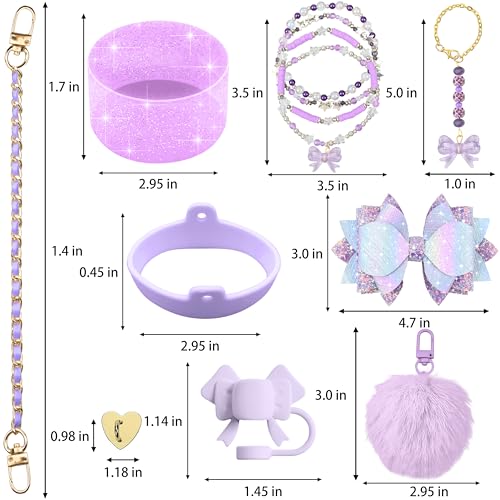 Hpebl 12PCS Accessories for Stanley Cup 40oz&30oz Tumbler Accessories including Silicone Cute Purple Bow Straw Topper Cover Silicone Stanley Boot Leather Water Handle Strap Bracelet Y2K Purple Charms - Image 3