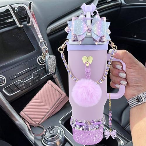 Hpebl 12PCS Accessories for Stanley Cup 40oz&30oz Tumbler Accessories including Silicone Cute Purple Bow Straw Topper Cover Silicone Stanley Boot Leather Water Handle Strap Bracelet Y2K Purple Charms - Image 5