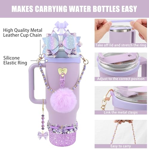 Hpebl 12PCS Accessories for Stanley Cup 40oz&30oz Tumbler Accessories including Silicone Cute Purple Bow Straw Topper Cover Silicone Stanley Boot Leather Water Handle Strap Bracelet Y2K Purple Charms - Image 2
