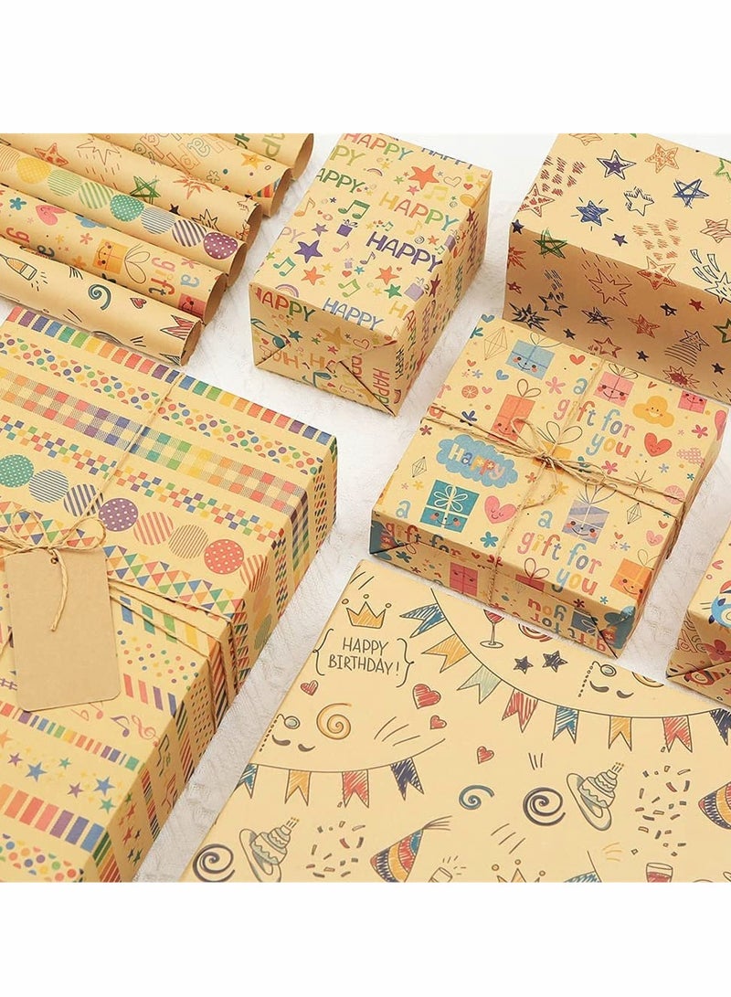 SYOSI Birthday Gift Wrapping Paper, 12 Sheets Folded Gift Wrapping Paper with Jute Strings, Stickers and Double-Sided Tape, Brown Premium Recyclable Gift Wrap for Birthday Occasions (50 x 70cm) - Image 1