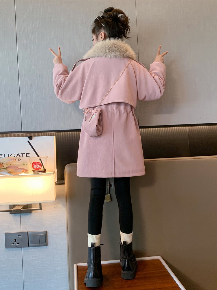 Children'S Clothing Velvet Thickeneded Jacket Winter Korean Style Mid-Length Outwear With Bag Top - Image 5