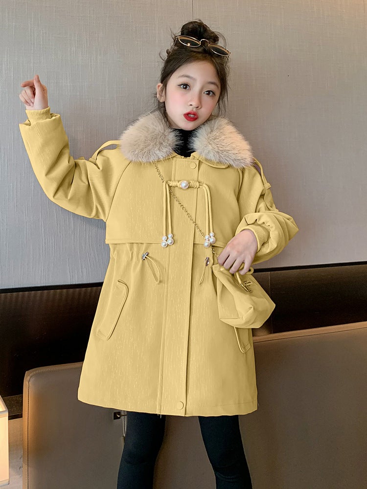 Children'S Clothing Velvet Thickeneded Jacket Winter Korean Style Mid-Length Outwear With Bag Top - Image 4