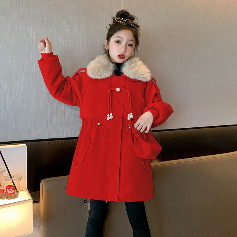 Children'S Clothing Velvet Thickeneded Jacket Winter Korean Style Mid-Length Outwear With Bag Top - Image 1