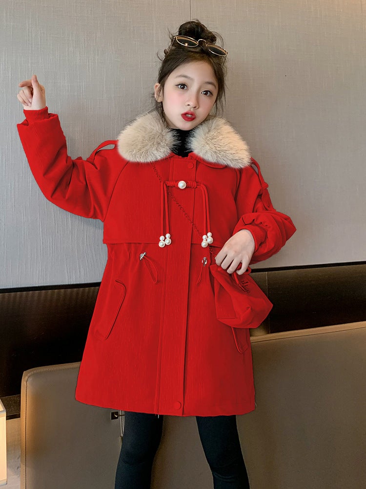 Children'S Clothing Velvet Thickeneded Jacket Winter Korean Style Mid-Length Outwear With Bag Top - Image 3