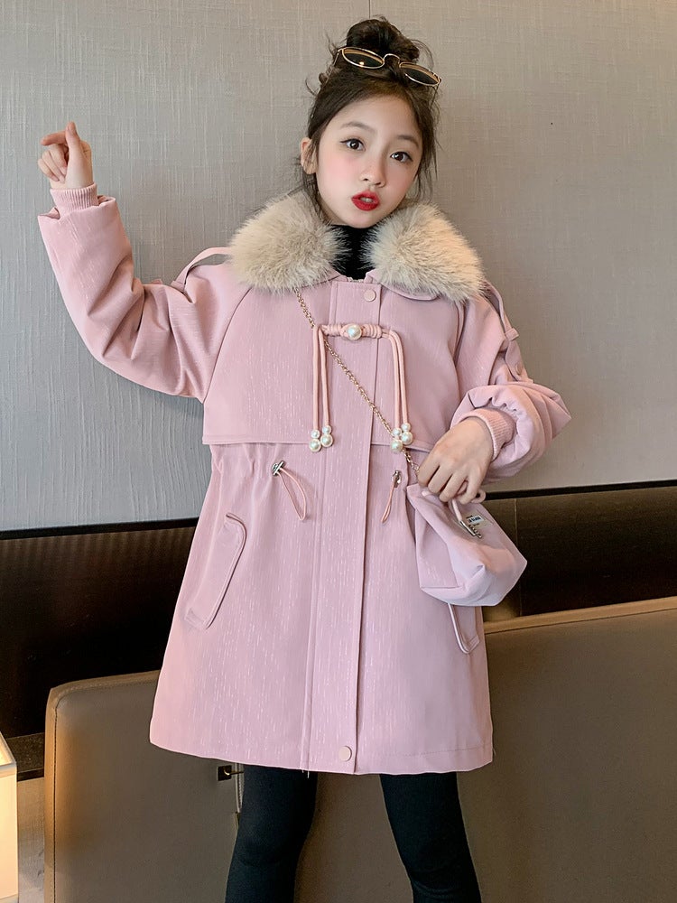 Children'S Clothing Velvet Thickeneded Jacket Winter Korean Style Mid-Length Outwear With Bag Top - Image 2