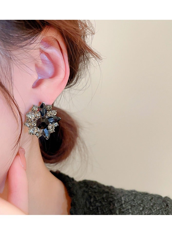 Grey Silver Needle Flower and Diamond Personalised Stud Earrings 