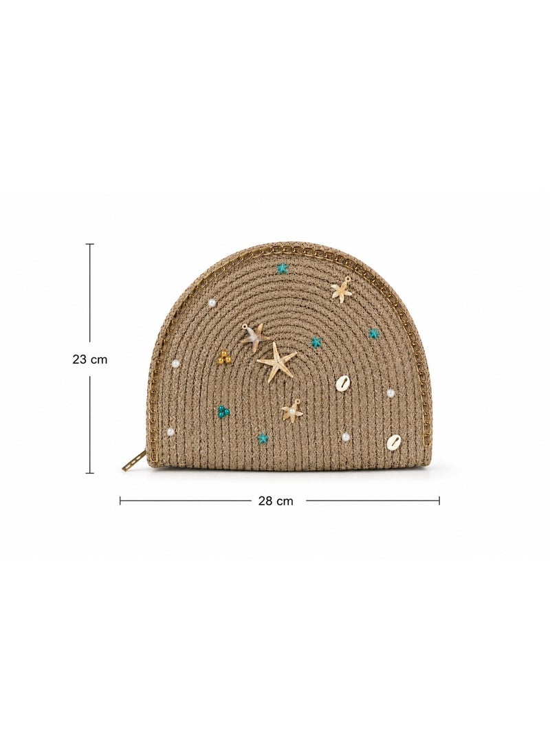 LIFESTYLISH Women's Woven Raffia Clutch Bag with Starfish, Shell & Bead Details ZK-4 - Coffee - Image 1