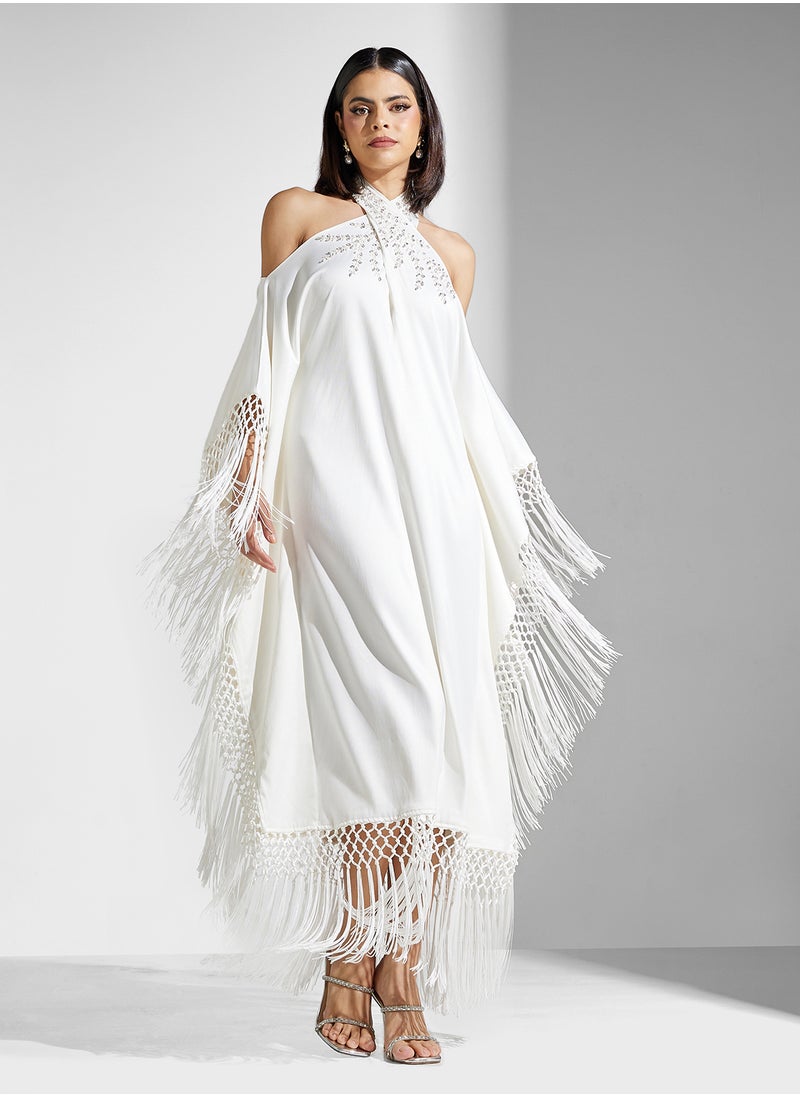 Threadz by Ajooni - Embellished Fringed Cutout Neck Kaftan - Image 1