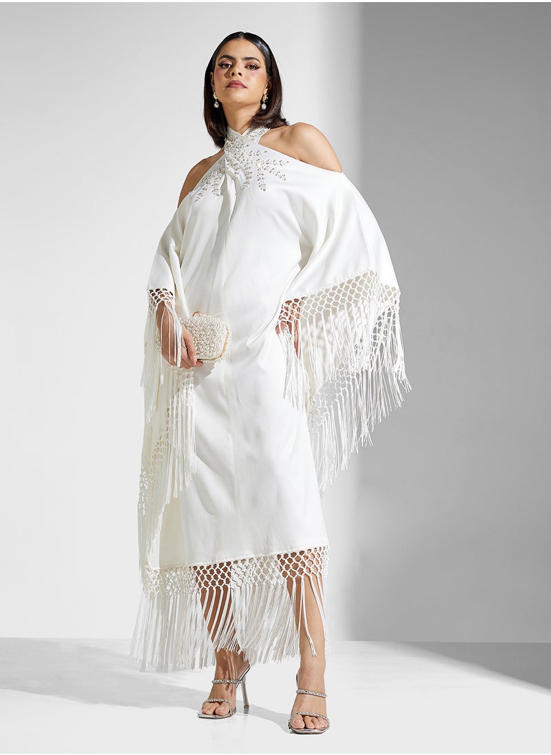 Threadz by Ajooni - Embellished Fringed Cutout Neck Kaftan - Image 1