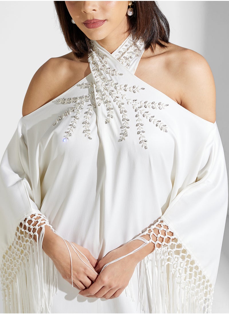 Threadz by Ajooni - Embellished Fringed Cutout Neck Kaftan - Image 1