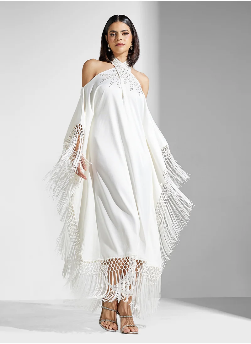 ثريدز باي اجوني Embellished Fringed Cutout Neck Kaftan