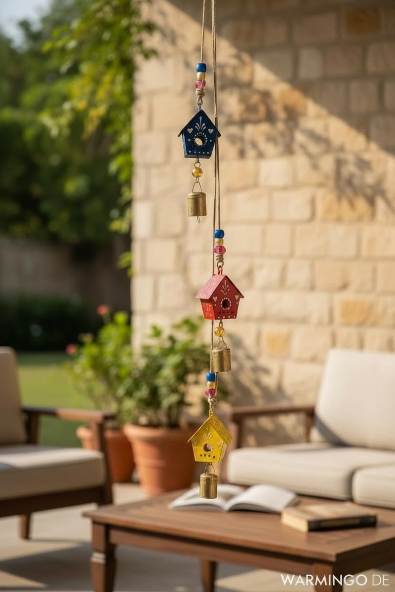 WARMINGO DE 3 Hut Bells Wall Hanging | Handpainted Wind Chime Toran for Home Decor | Garden Tree Hanging Bells | Living Room & Entrance Decoration - Image 1