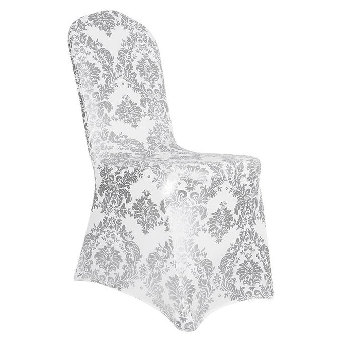 PACK OF 1 DINING CHAIR COVERS BRONZING SILVER FLOWER PRINT REMOVABLE WASHABLE SPANDEX STRETCH DECORATIVE CHAIR SLIPCOVERS SET FOR PARTY WEDDING HOME DECORATIONS SILVERWHITE