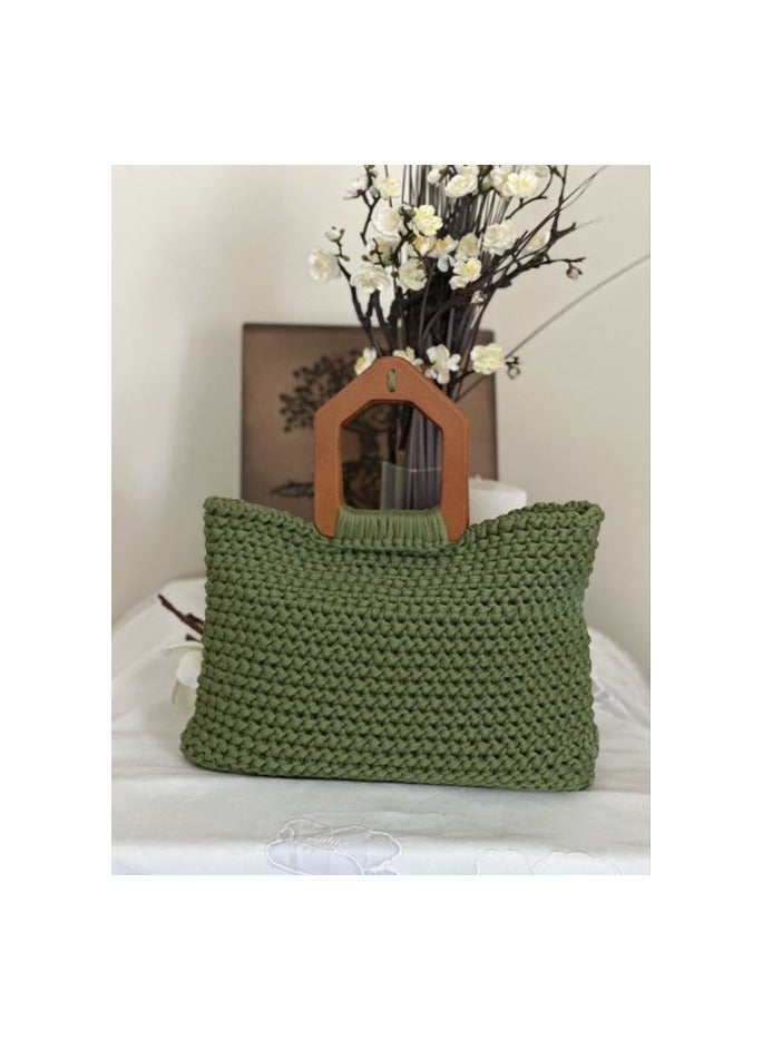 Green Crochet Handbag with Wooden Handle