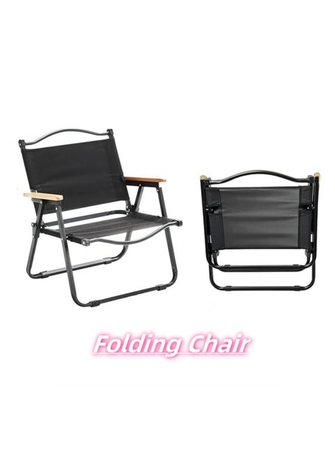 Folding Camping Chair with Wooden Handle, Widen Foldable Outdoor Chair, Collapsible Beach Chair of Ergonomic Design for Sand Camping Travel Picnic Lawn Fishing (Black)