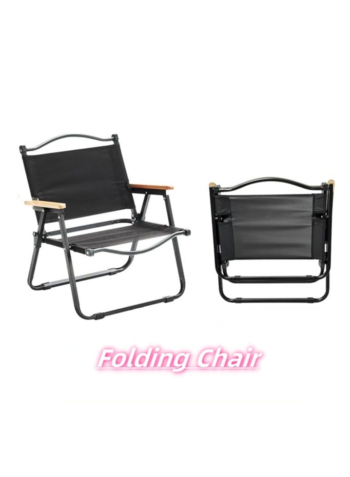 Folding Camping Chair with Wooden Handle, Widen Foldable Outdoor Chair, Collapsible Beach Chair of Ergonomic Design for Sand Camping Travel Picnic Lawn Fishing (Black)