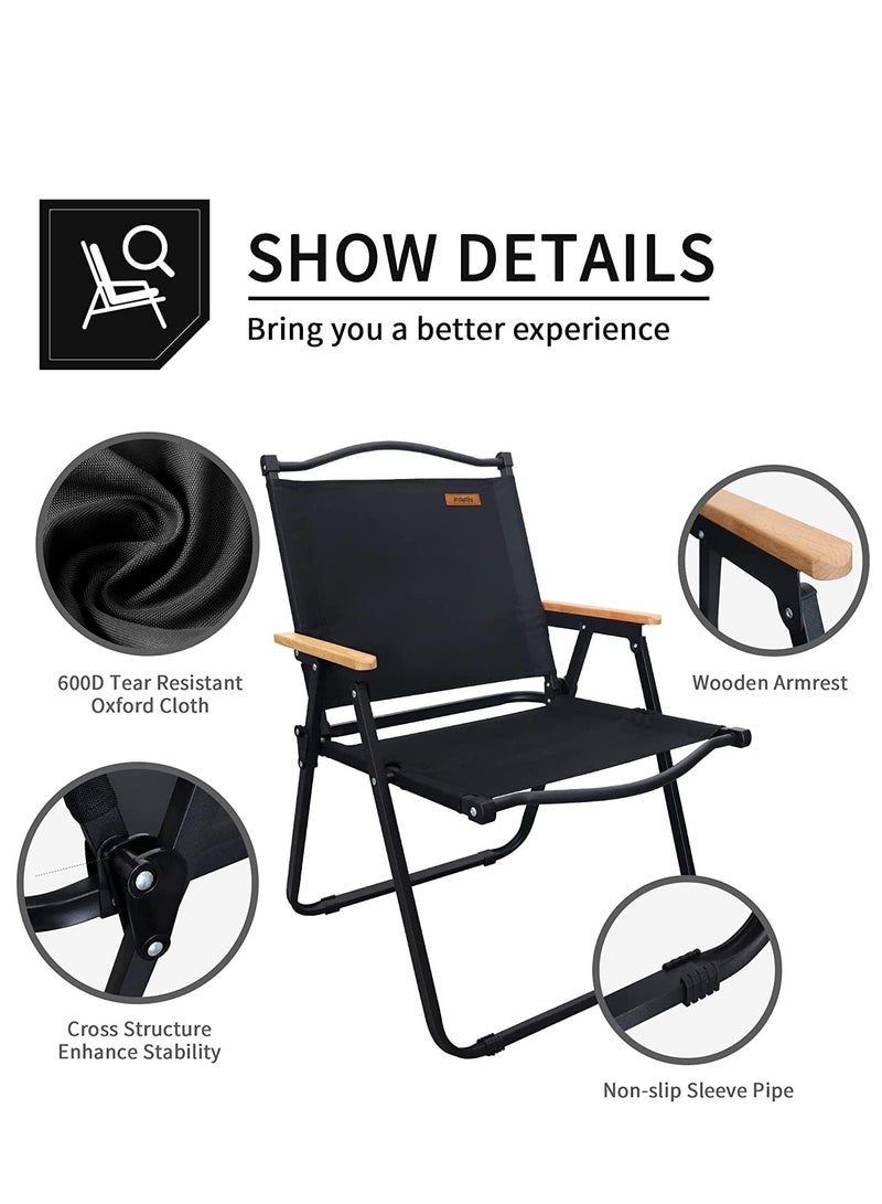 Folding Camping Chair with Wooden Handle, Widen Foldable Outdoor Chair, Collapsible Beach Chair of Ergonomic Design for Sand Camping Travel Picnic Lawn Fishing (Black)