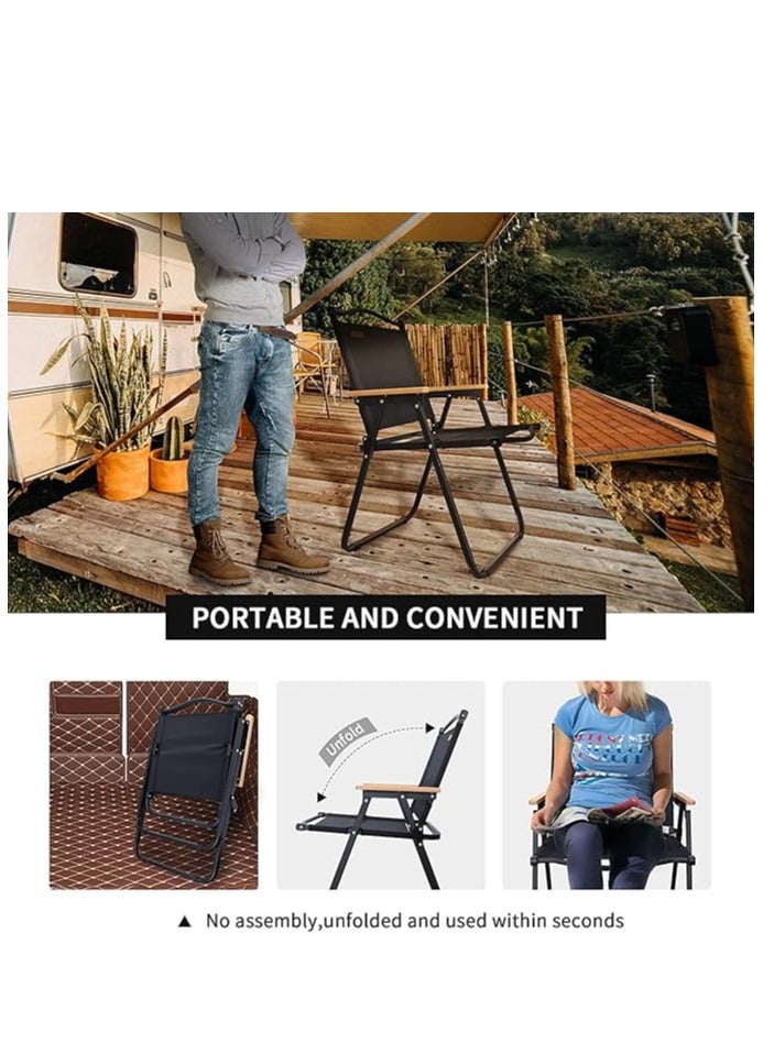 Folding Camping Chair with Wooden Handle, Widen Foldable Outdoor Chair, Collapsible Beach Chair of Ergonomic Design for Sand Camping Travel Picnic Lawn Fishing (Black)