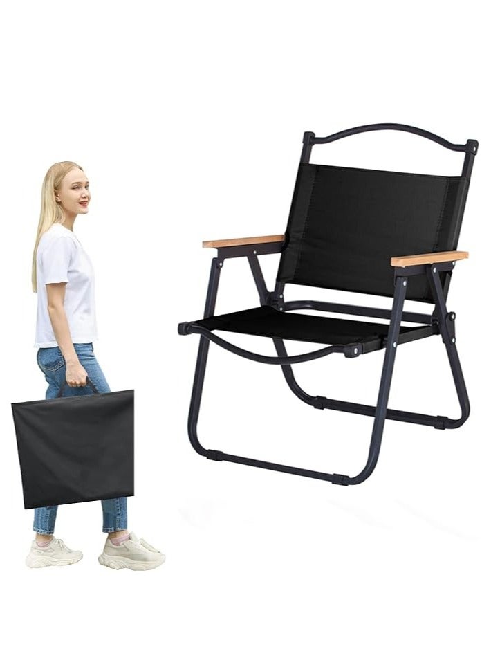 Folding Camping Chair with Wooden Handle, Widen Foldable Outdoor Chair, Collapsible Beach Chair of Ergonomic Design for Sand Camping Travel Picnic Lawn Fishing (Black)