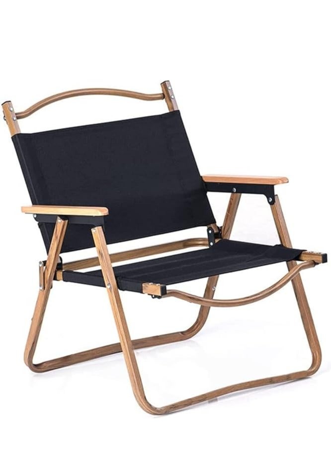 Folding Camping Chair with Wooden Handle, Widen Foldable Outdoor Chair, Collapsible Beach Chair of Ergonomic Design for Sand Camping Travel Picnic Lawn Fishing (Black)