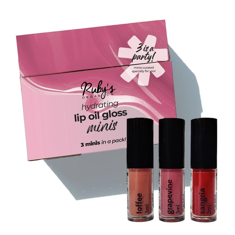Ruby's Organics Rubys Organics Lip Beauty Gift Kit Lip Oil Glossy Minis Sunset Moisturizing Long Lasting Non Sticky Non Drying Natural Lip Makeup Paraben Free Sangria Grapevine and Toffee Shades - Image 1