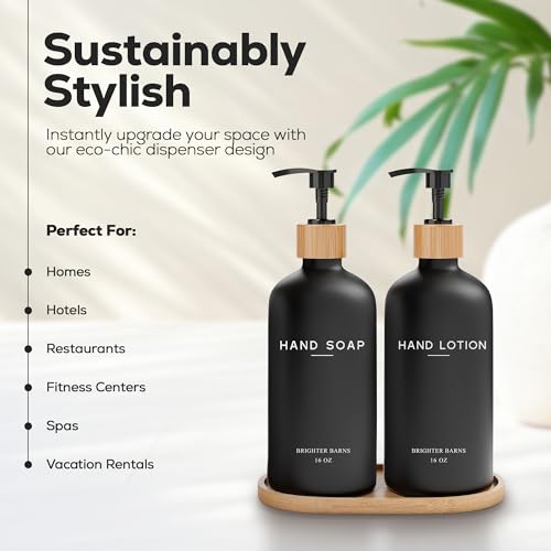 Brighter Barns Black Glass Soap and Lotion Dispenser Set with Tray by Brighter Barns - Liquid Hand Soap Dispenser and Pump - Bamboo Bathroom Accessories & Modern Bathroom Decor (Black) - Image 2