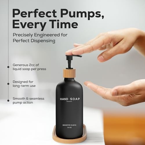 Brighter Barns Black Glass Soap and Lotion Dispenser Set with Tray by Brighter Barns - Liquid Hand Soap Dispenser and Pump - Bamboo Bathroom Accessories & Modern Bathroom Decor (Black) - Image 4