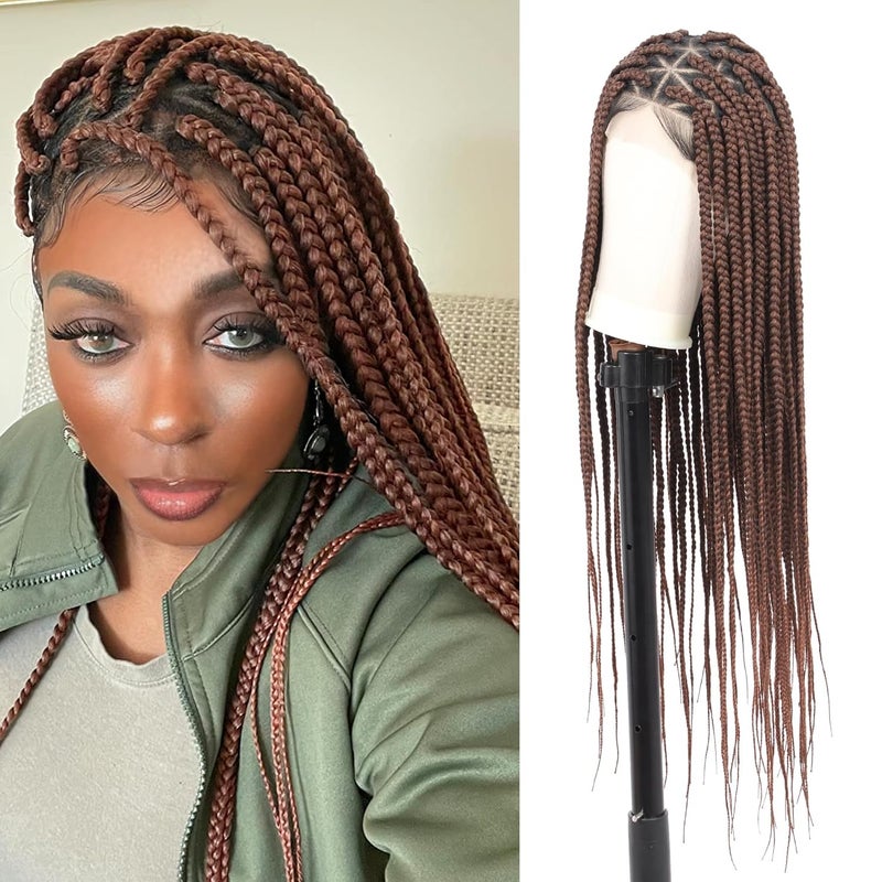 Lexqui 36 Knotless Braided Wigs for Black Women Braided Lace Front Wigs with Triangle Knotless Full Double Lace Front Box Braid Wig with Baby Hair Human Hair Blended Braided Wig Brown