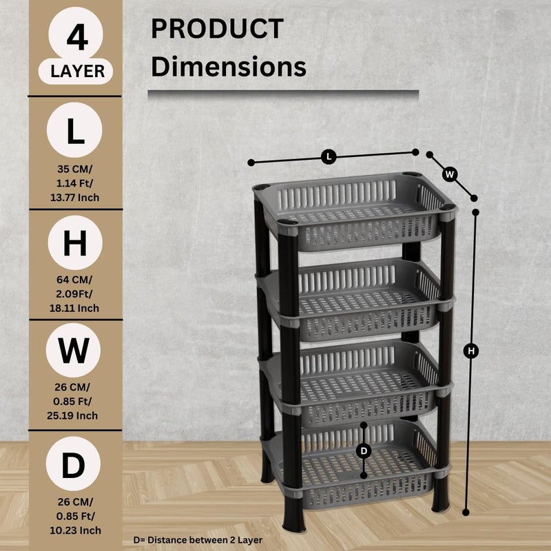 Biltoxi Kitchen Storage Plastic Rack, Vegetable Stand Basket, Storage Racks for Office (Grey Color, 4 Layer) - Image 2