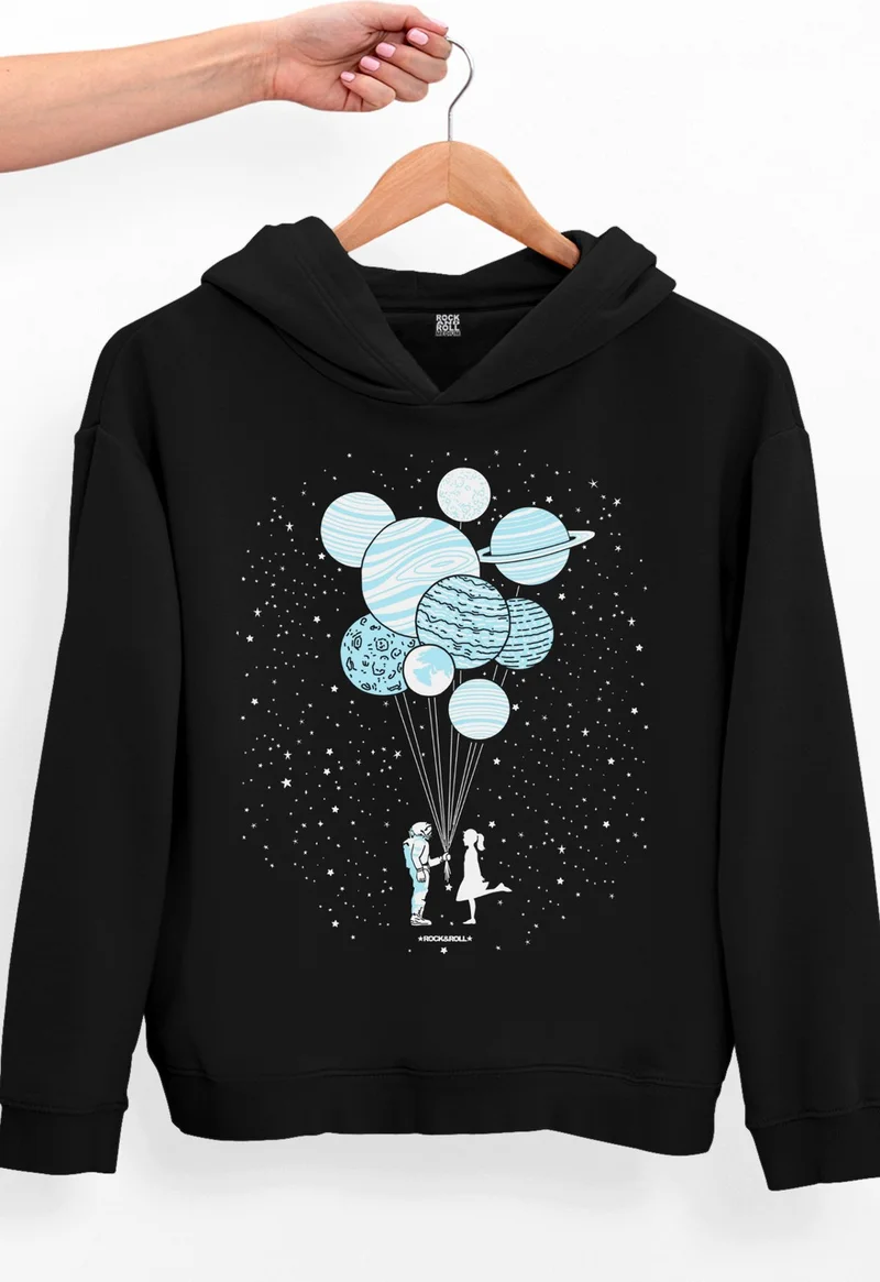 روك اند رول Balloon Planets Black Oversize Hooded Thick Women's Sweatshirt