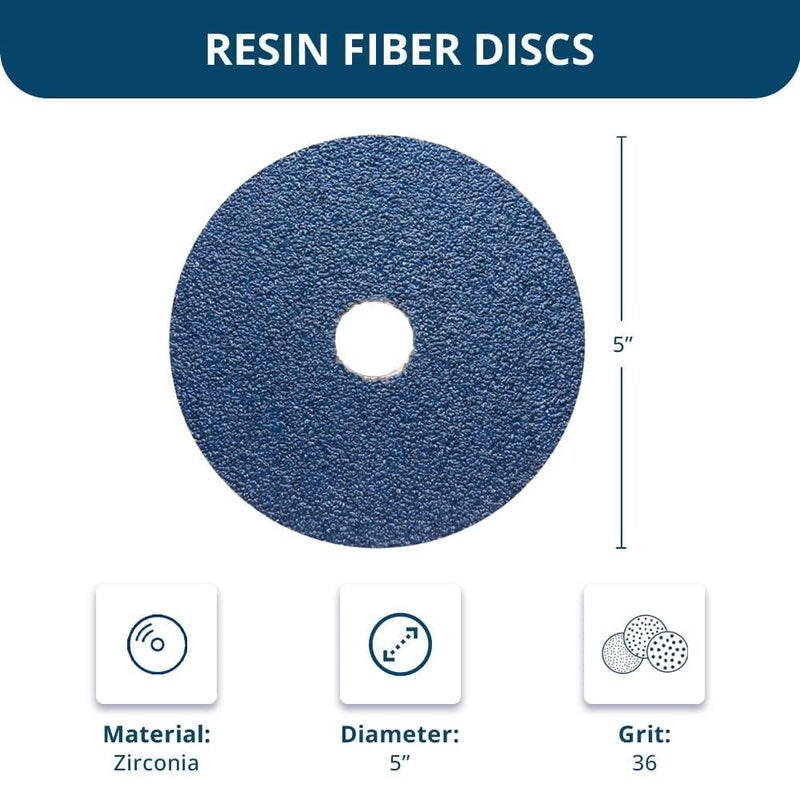 Benchmark Abrasives أقراص صنفرة من Benchmark Abrasives بحجم 5 بوصات، أقراص طحن من ألياف الراتنج زيركونيا للطحن، وإزالة الطلاء على الخشب، والألياف الزجاجية، والصلب، والمعادن، قرص صنفرة بزاوية 7/8 بوصة، عبوة 25 - 36 حبيبة - Image 5
