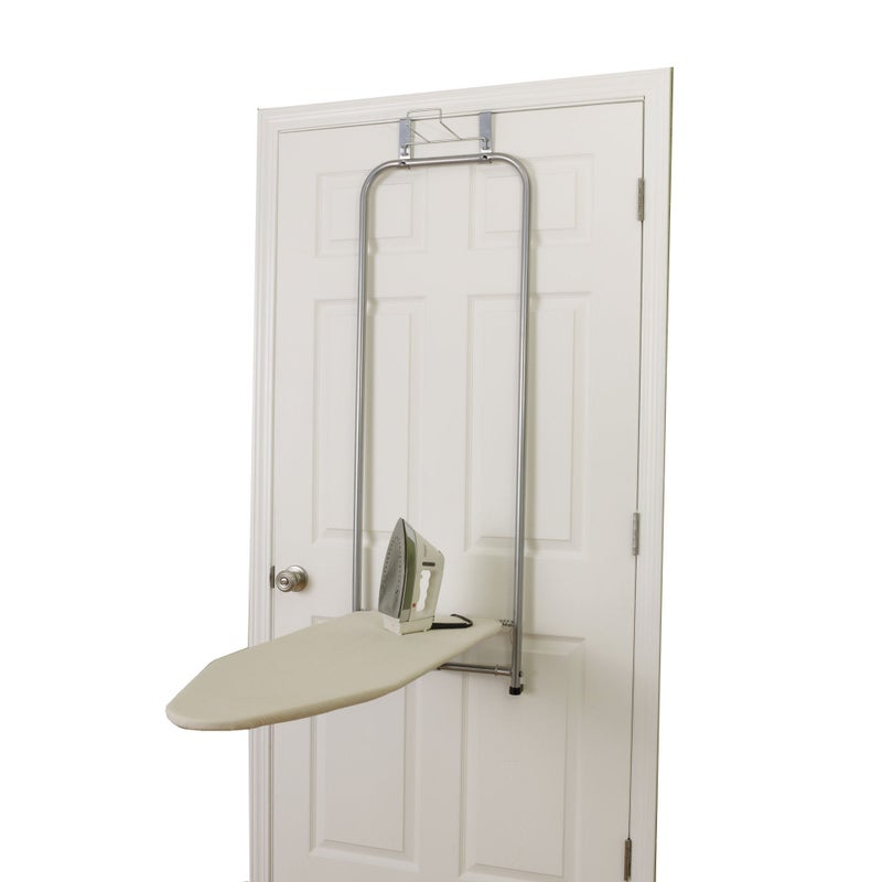 Household Essentials 144222 Over The Door Small Ironing Board with Iron Holder, Natural Cotton Cover Silver - Image 1