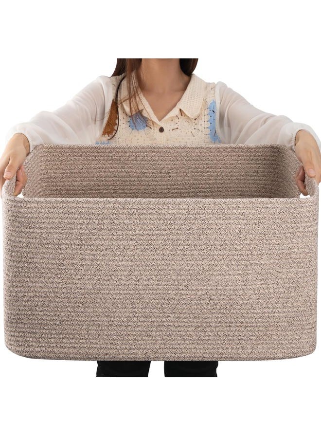 OIAHOMY 75L Large Blanket Basket, Woven Storage Basket with Handle, Cotton Rope Basket 22”x17”x12”,Blanket Basket Living Room, Toy Basket for Nursery, Brown variegated - Image 1