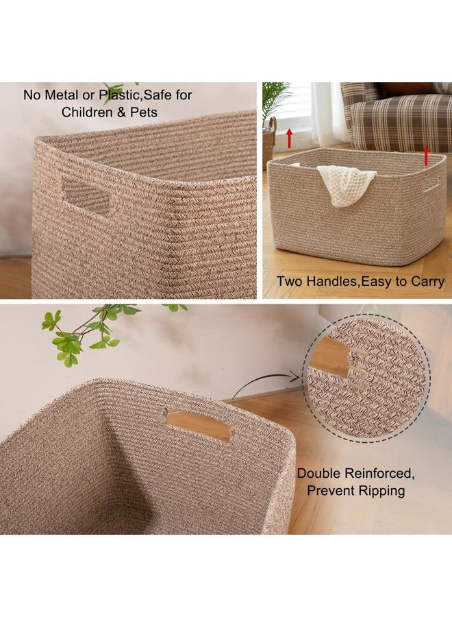 OIAHOMY 75L Large Blanket Basket, Woven Storage Basket with Handle, Cotton Rope Basket 22”x17”x12”,Blanket Basket Living Room, Toy Basket for Nursery, Brown variegated - Image 4