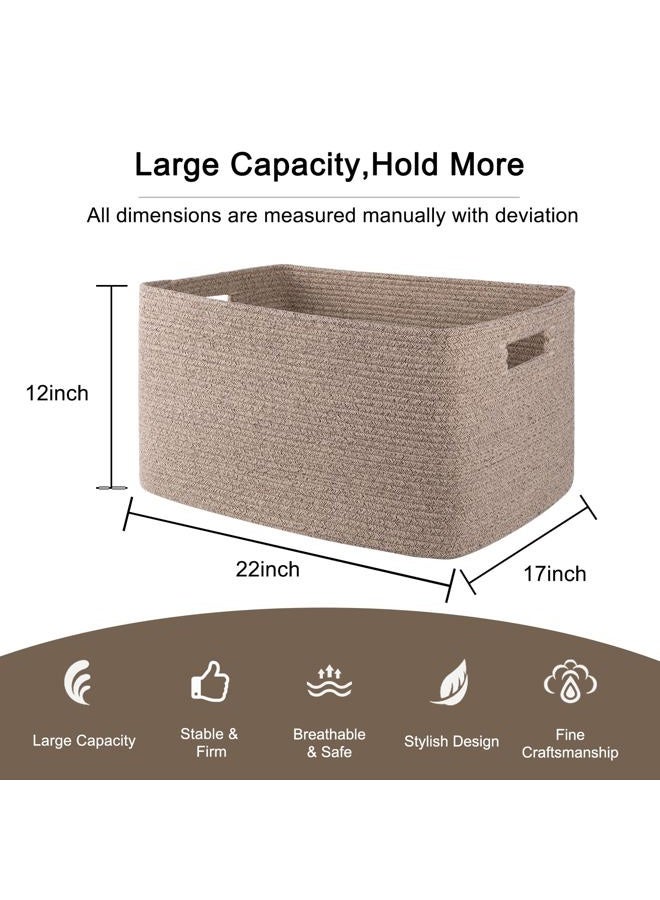 OIAHOMY 75L Large Blanket Basket, Woven Storage Basket with Handle, Cotton Rope Basket 22”x17”x12”,Blanket Basket Living Room, Toy Basket for Nursery, Brown variegated - Image 2