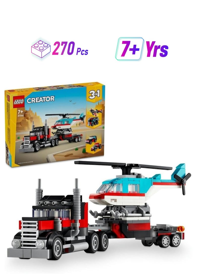 LEGO Creator 3in1 Flatbed Truck with Helicopter Toy to Propeller Plane and Fuel Lorry,SUV Car Toys for 7 Plus Year Old Boys, Girls and Kids who Love Cool Vehicles, Gift Idea 31146 - Image 1