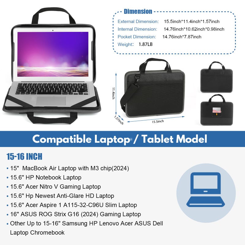 CDBXPRG Laptop Case Sleeve 15.6 inch,15-16 inch Shockproof Computer Cover for HP,Laptop Bag for ASUS Acer Aspire 15,HP Pavilion/Envy 15,Dell Inspiron/Latitude 15,Lenovo IdeaPad 15,ASUS ZenBook(Black) - Image 3