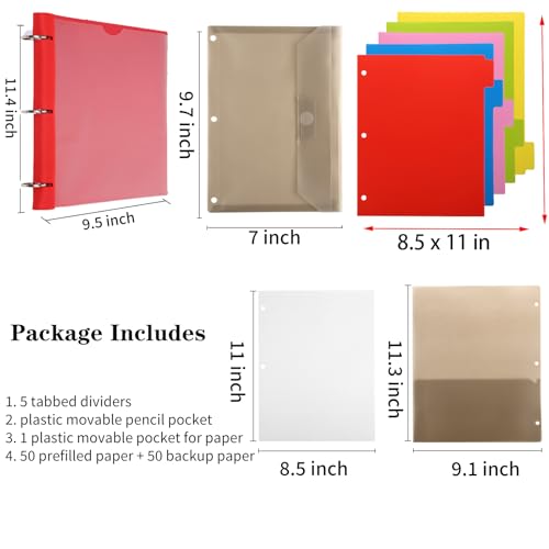 Tashkummy Pivotable Refillable Notebook, 1 Inch 3 Ring Notebook Binder, 50 College Ruled Paper, 5 Subject Notebook with Dividers and Folder Pockets, Tabs- Red - Image 4