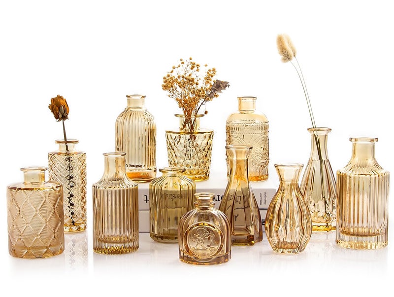 TBWIND Gold Amber Glass Bud Vases Set of 12, Small Vases for Flowers, Champagne Mini Vintage Vases for Centerpieces,Bud Vase in Bulk for Wedding Decor,Single Flowers,Office and Home Table Flower DÃ©cor - Image 1