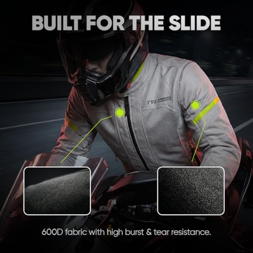 TVS Racing Tech-Core Road Jacket for Men | CE2 armour <5kN at Shoulders Elbows and Back | 600D Chassis | 310gsm Vent Mesh | High-Vis Reflective Tech| YKK zippers | Light-Grey, Size-XL - Image 5