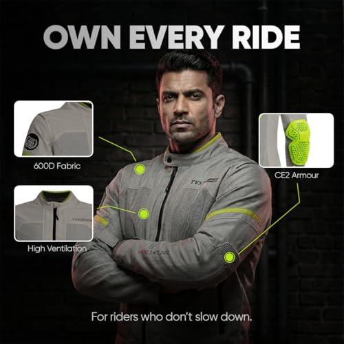 TVS Racing Tech-Core Road Jacket for Men | CE2 armour <5kN at Shoulders Elbows and Back | 600D Chassis | 310gsm Vent Mesh | High-Vis Reflective Tech| YKK zippers | Light-Grey, Size-XL - Image 3